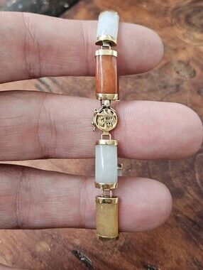 Vintage Chinese Solid 14k Yellow Gold Multi Color Jade Link Bracelet 6.5"